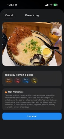 CalPal camera log screen showing a ramen photo analyzed into 1800 calories, 73g protein, 175g carbs, 75g fat, flagged non-compliant with AI feedback