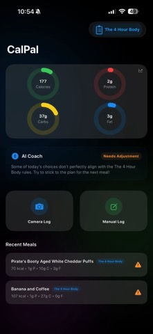 CalPal home dashboard showing macro rings for calories, protein, carbs, and fat, an AI Coach card, Camera Log and Manual Log buttons, and a recent meals list
