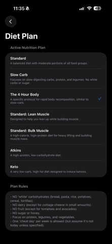 CalPal diet plan selection screen listing Standard, Slow Carb, The 4 Hour Body, Standard Lean Muscle, Standard Bulk Muscle, Atkins, and Keto, with the active plan's rules shown below