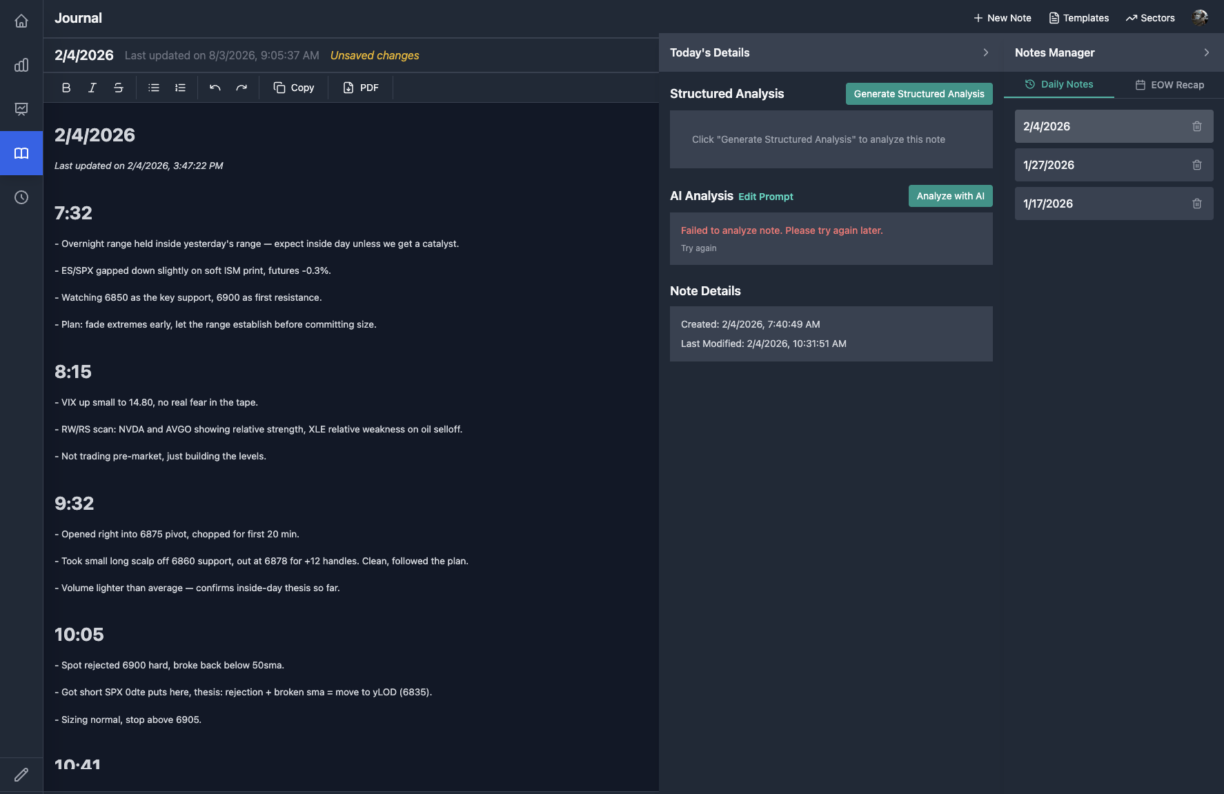 Trading journal daily entry with timestamped notes throughout the session, and a Notes Manager panel showing structured analysis, AI analysis, note details, and a list of recent daily notes